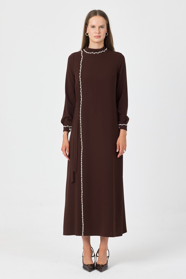 Mira Taş Şeritli Elbise - Kahve