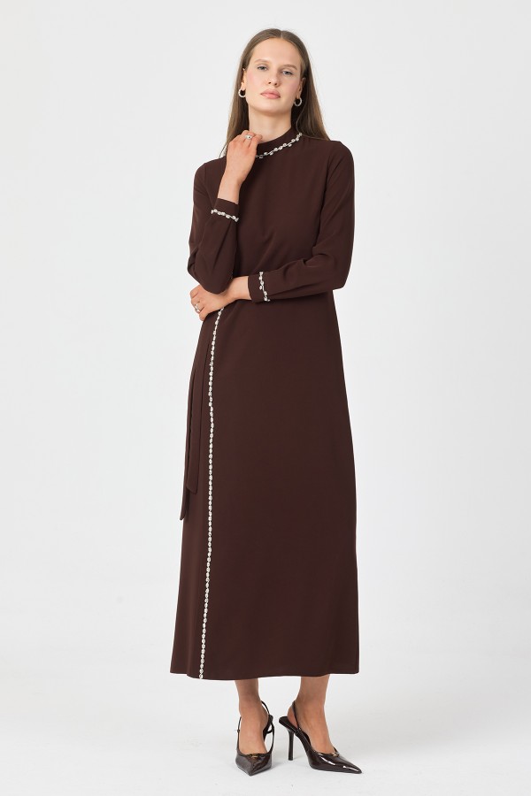 Mira Taş Şeritli Elbise - Kahve