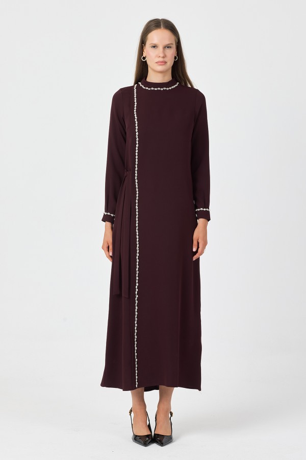 Mira Taş Şeritli Elbise - Mürdüm