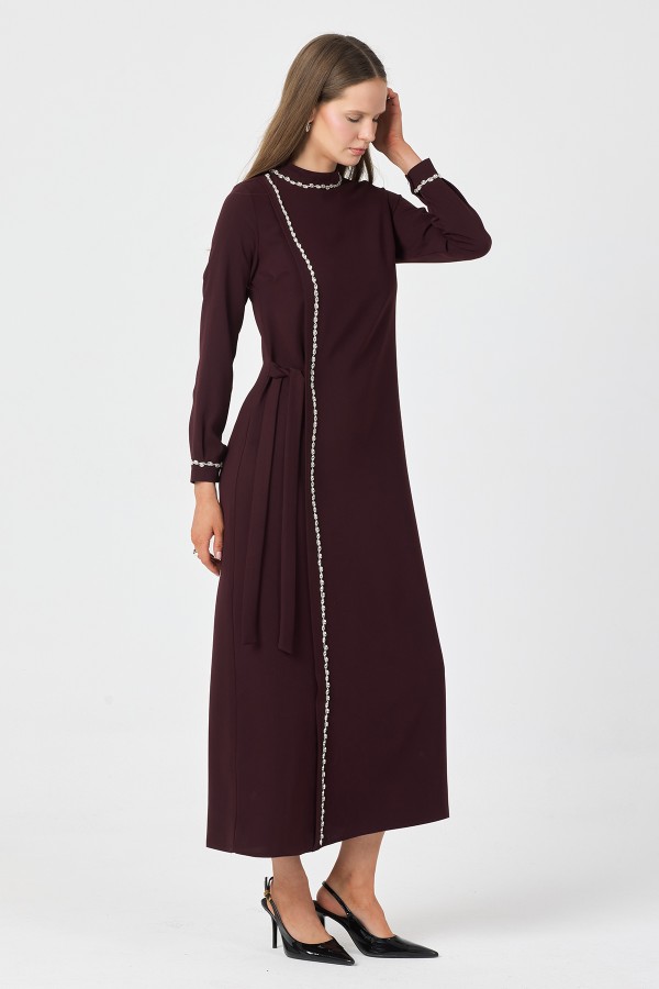 Mira Taş Şeritli Elbise - Mürdüm