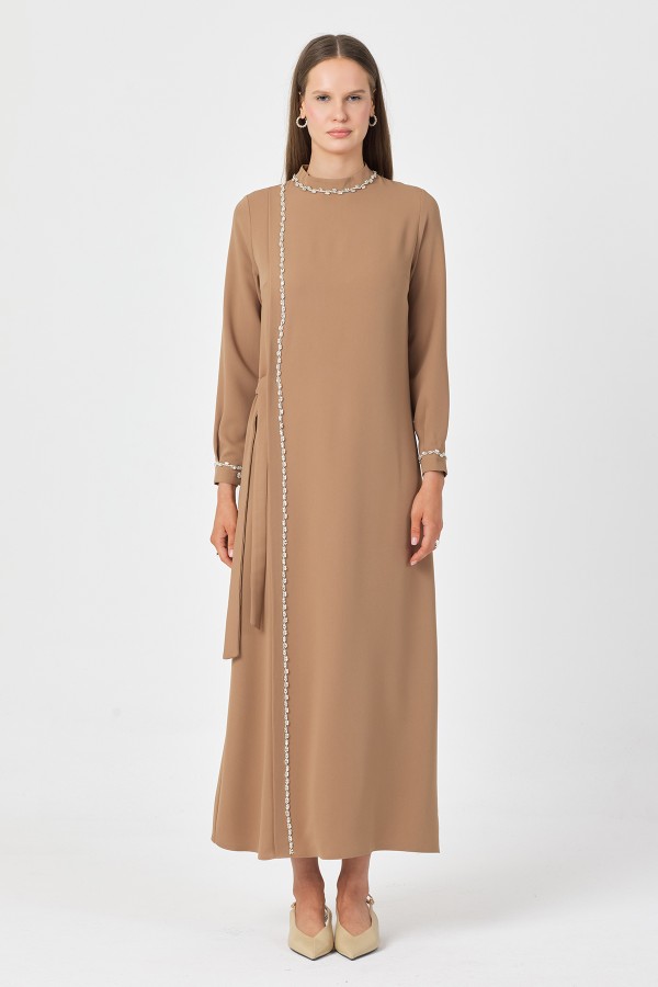 Mira Taş Şeritli Elbise - Vizon