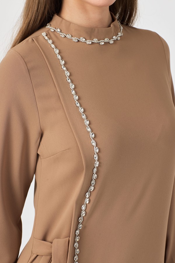 Mira Taş Şeritli Elbise - Vizon