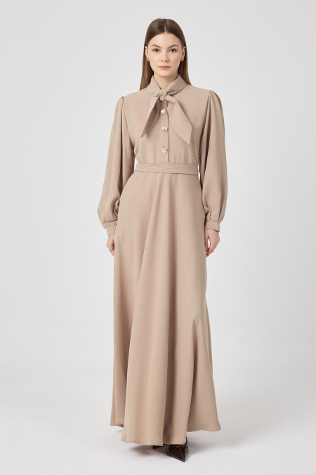 Scarf Collar Belted Dress - Beige