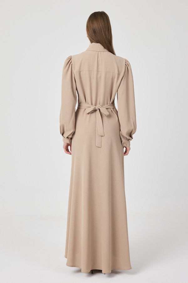 Fular Yaka Kuşaklı Elbise - Bej