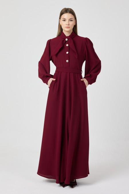 Scarf Collar Belted Dress - Burgundy