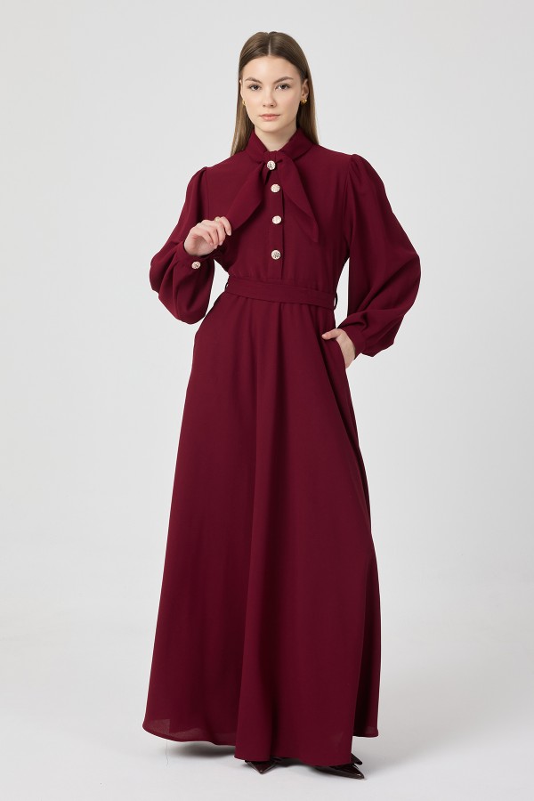 Fular Yaka Kuşaklı Elbise - Bordo