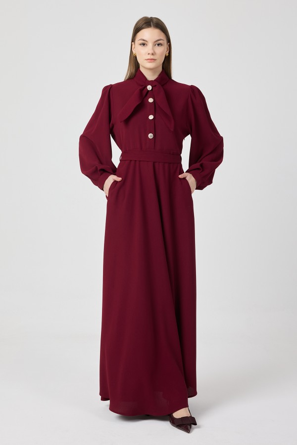 Fular Yaka Kuşaklı Elbise - Bordo