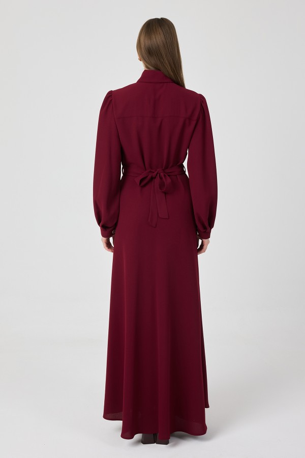 Fular Yaka Kuşaklı Elbise - Bordo