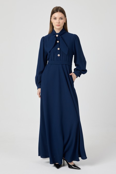 Scarf Collar Belted Dress - Indigo