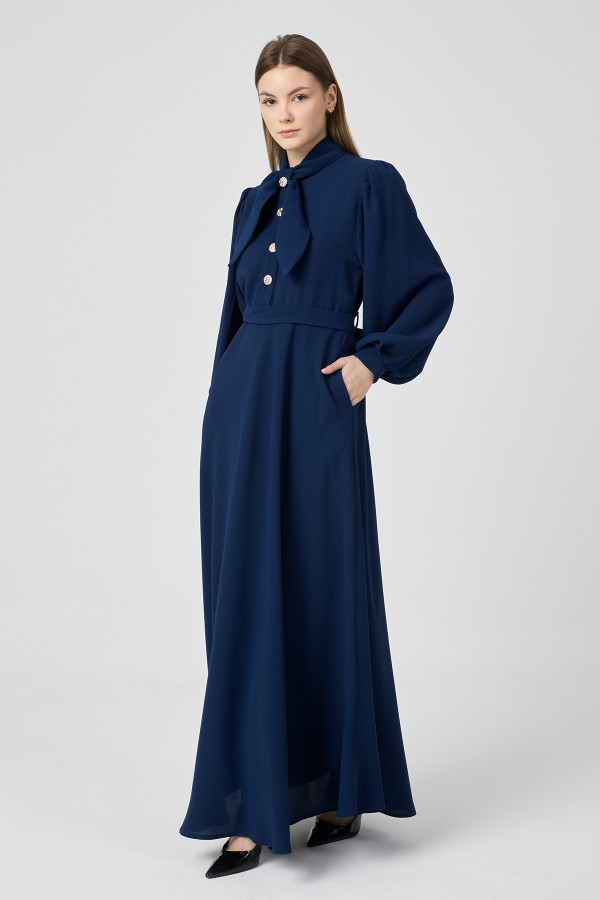 Fular Yaka Kuşaklı Elbise - Indigo