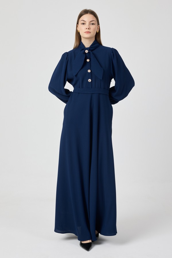 Fular Yaka Kuşaklı Elbise - Indigo