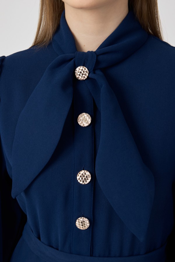 Fular Yaka Kuşaklı Elbise - Indigo