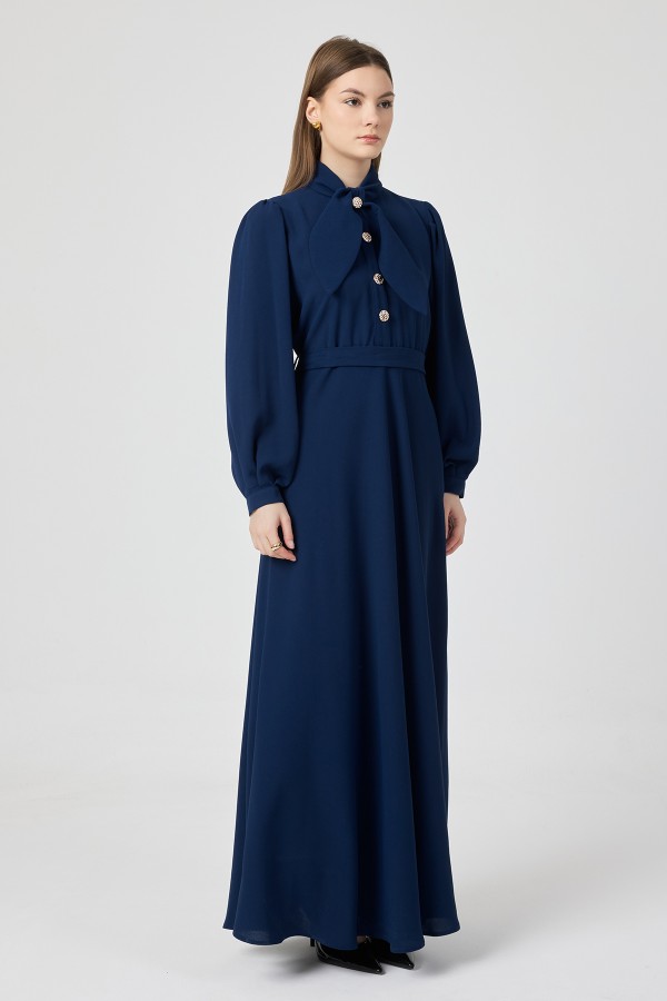 Fular Yaka Kuşaklı Elbise - Indigo