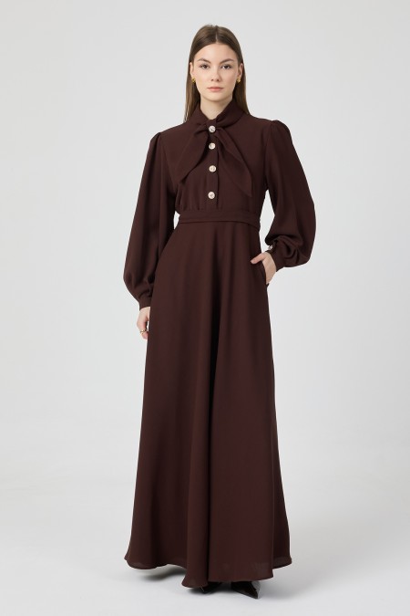 Scarf Collar Belted Dress - Coffee