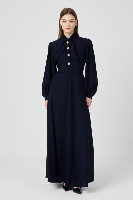 Scarf Collar Belted Dress - Navy Blue