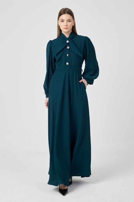 Scarf Collar Belted Dress - Petrol