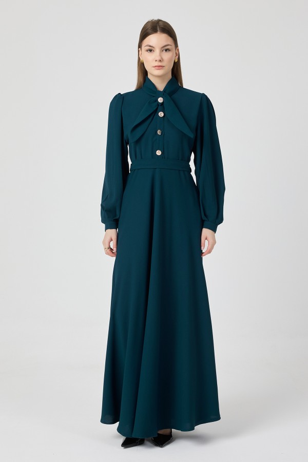 Fular Yaka Kuşaklı Elbise - Petrol