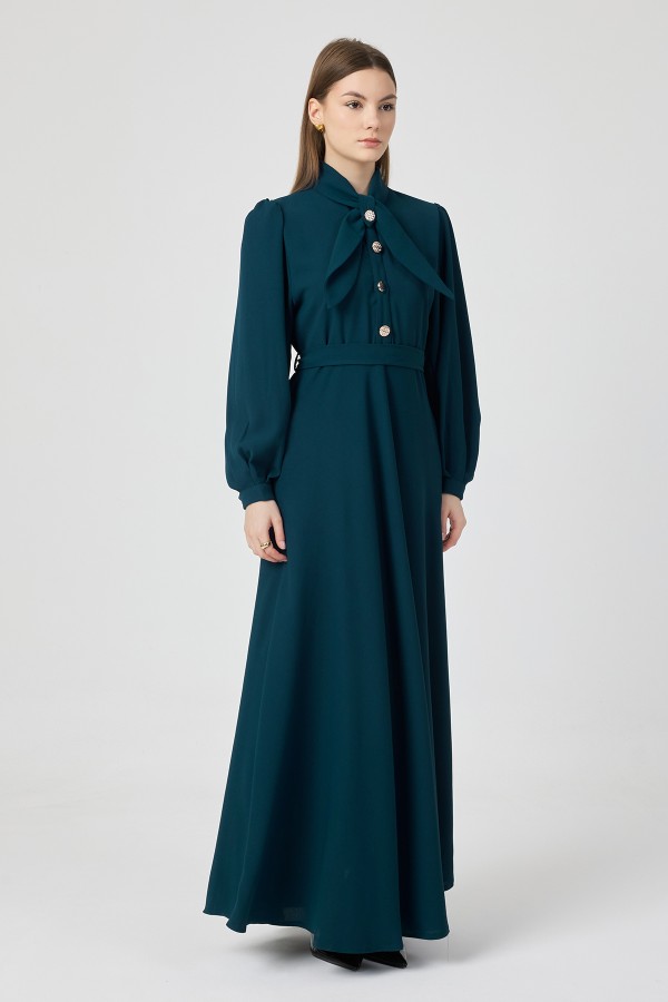 Fular Yaka Kuşaklı Elbise - Petrol