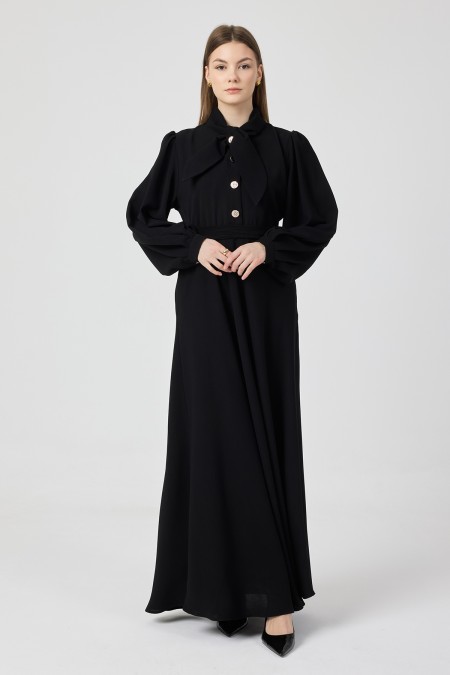 Scarf Collar Belted Dress - Black