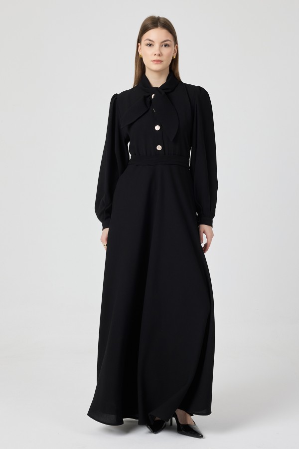 Fular Yaka Kuşaklı Elbise - Siyah