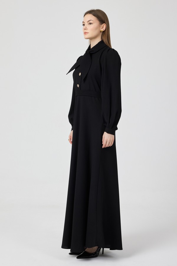 Fular Yaka Kuşaklı Elbise - Siyah