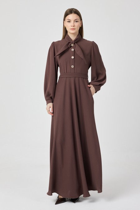 Scarf Collar Belted Dress - Mink