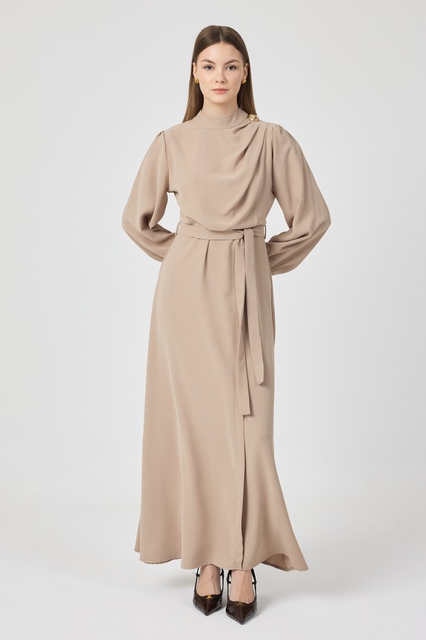 Elora Drapeli Elbise - Bej