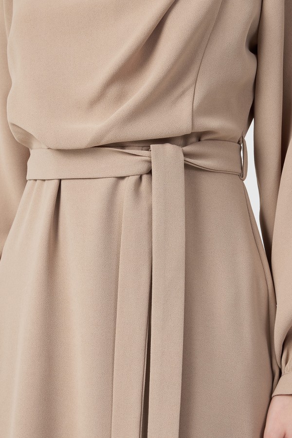 Elora Drapeli Elbise - Bej