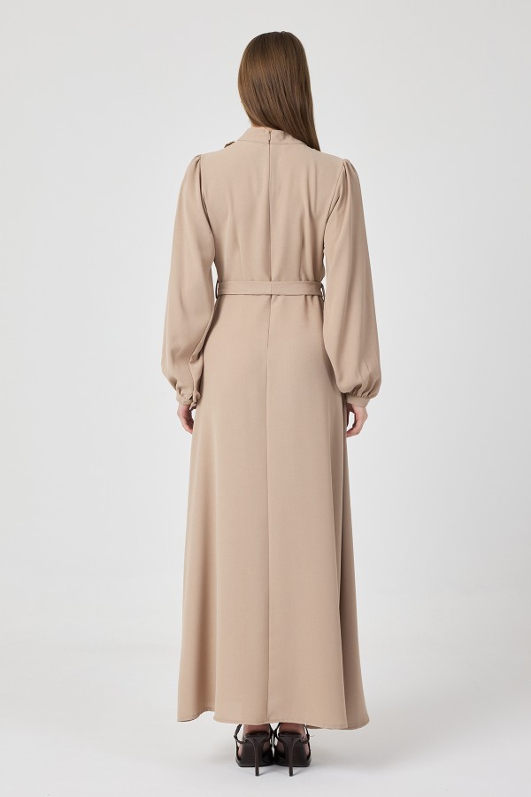 Elora Drapeli Elbise - Bej