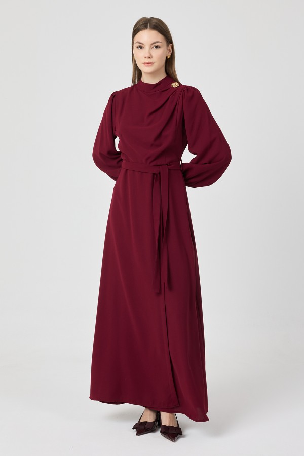 Elora Drapeli Elbise - Bordo