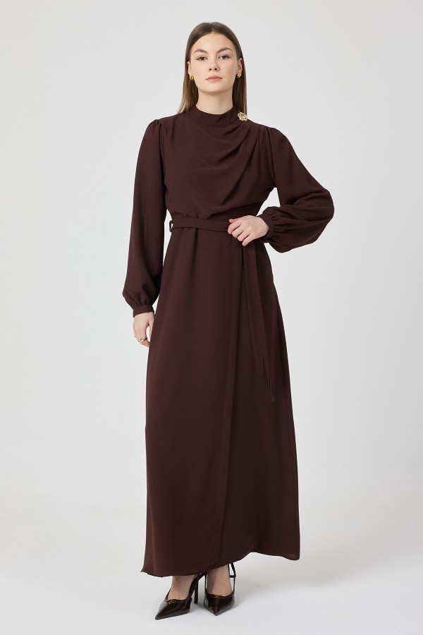 Elora Drapeli Elbise - Kahve