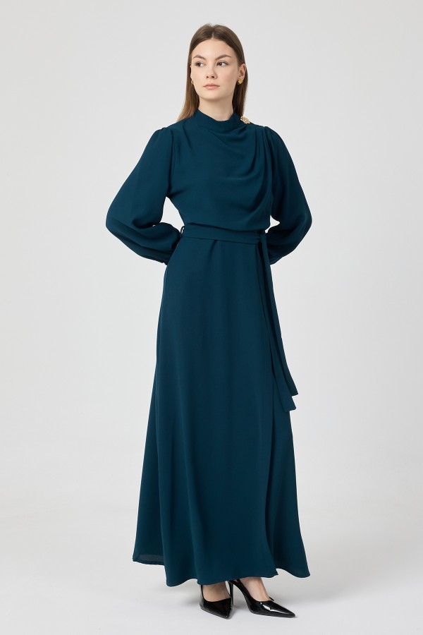 Elora Drapeli Elbise - Petrol