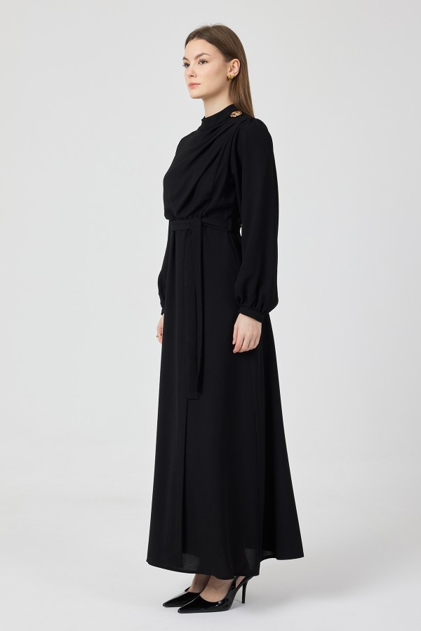 Elora Drapeli Elbise - Siyah