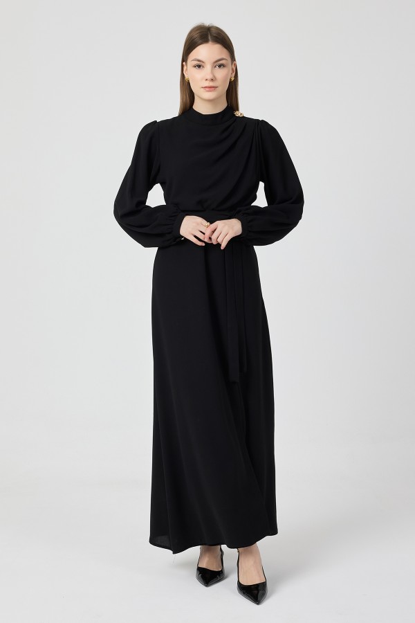 Elora Drapeli Elbise - Siyah