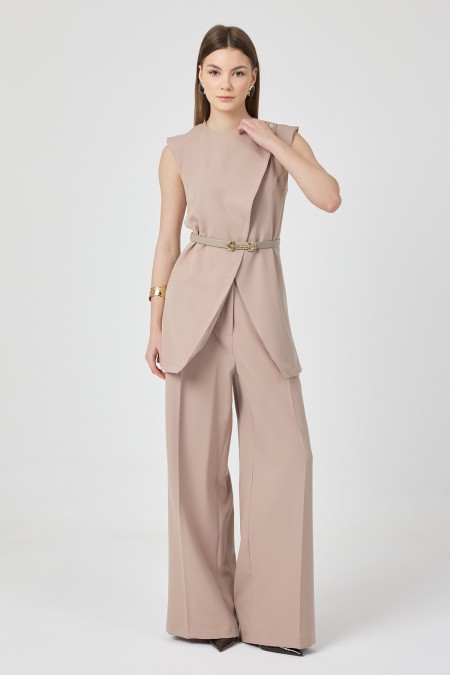 Asymmetrical Vest Set - Beige