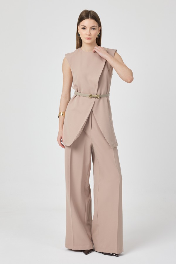 Asimetrik Yelekli Takım - Bej