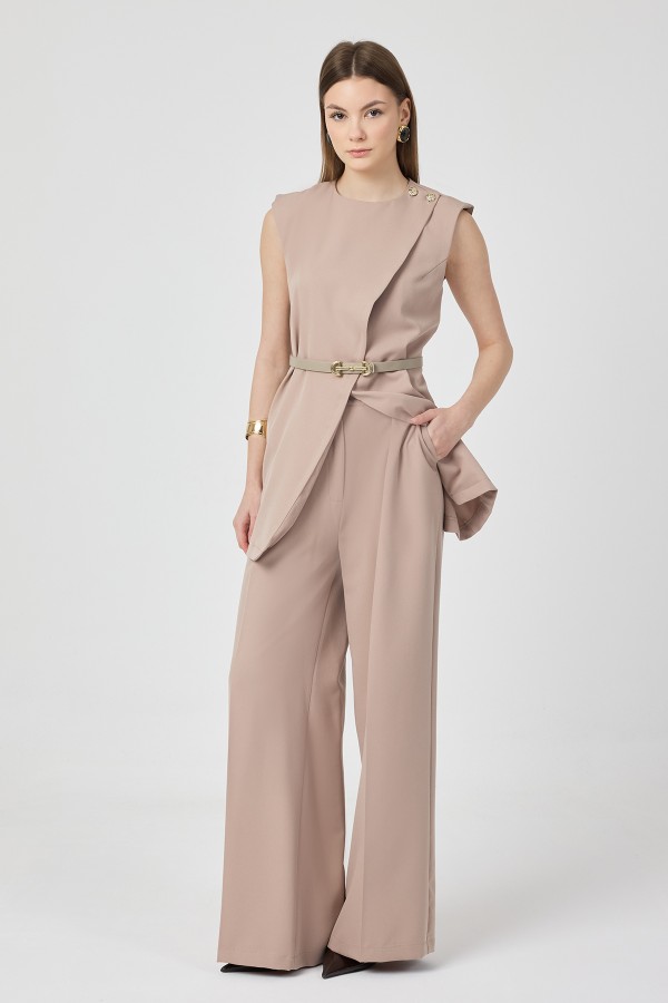 Asimetrik Yelekli Takım - Bej