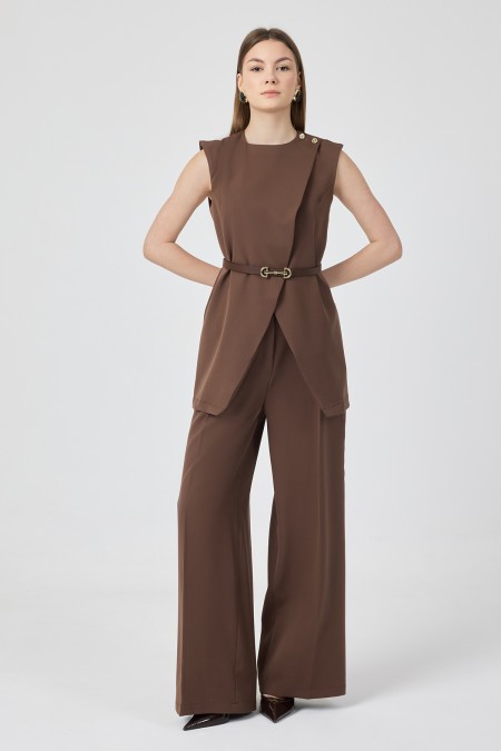 Asymmetrical Vest Set - Coffee