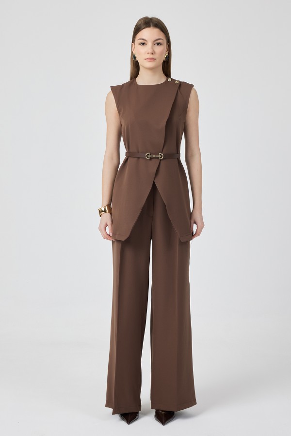 Asimetrik Yelekli Takım - Kahve