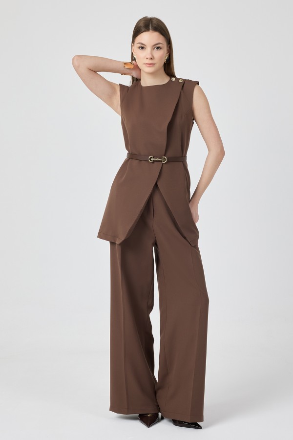 Asimetrik Yelekli Takım - Kahve