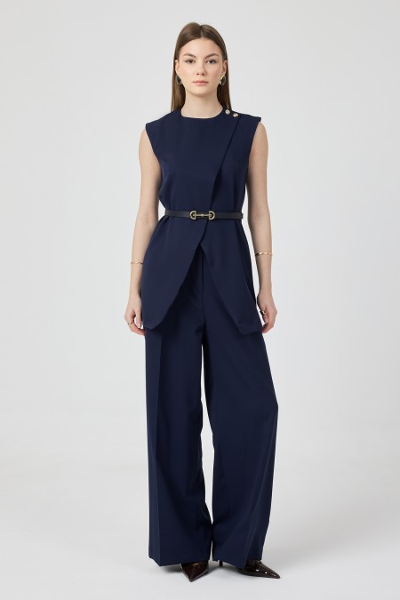 Asymmetrical Vest Suit - Navy Blue