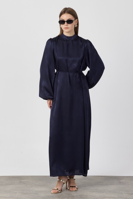 Balloon Sleeve Jacquard Dress - Navy Blue