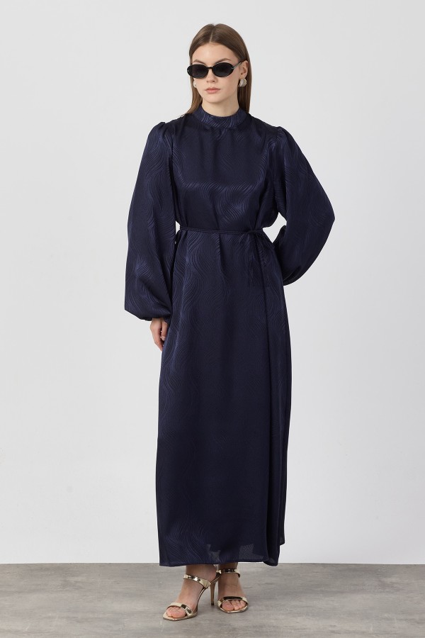 Balon Kol Jakar Elbise - Lacivert