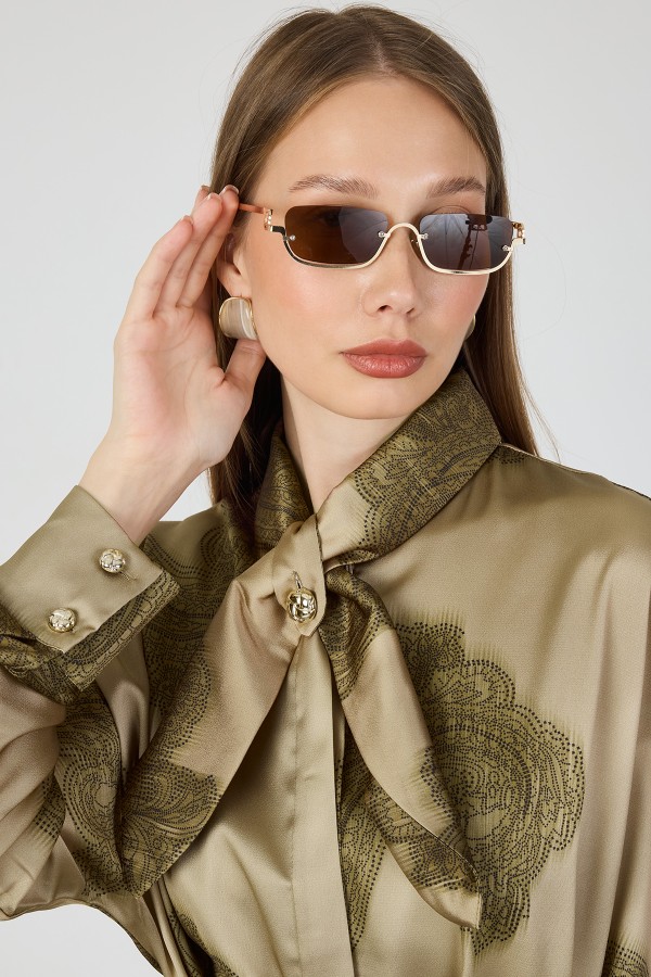 Fular Yaka Detaylı Saten Tunik - Bej