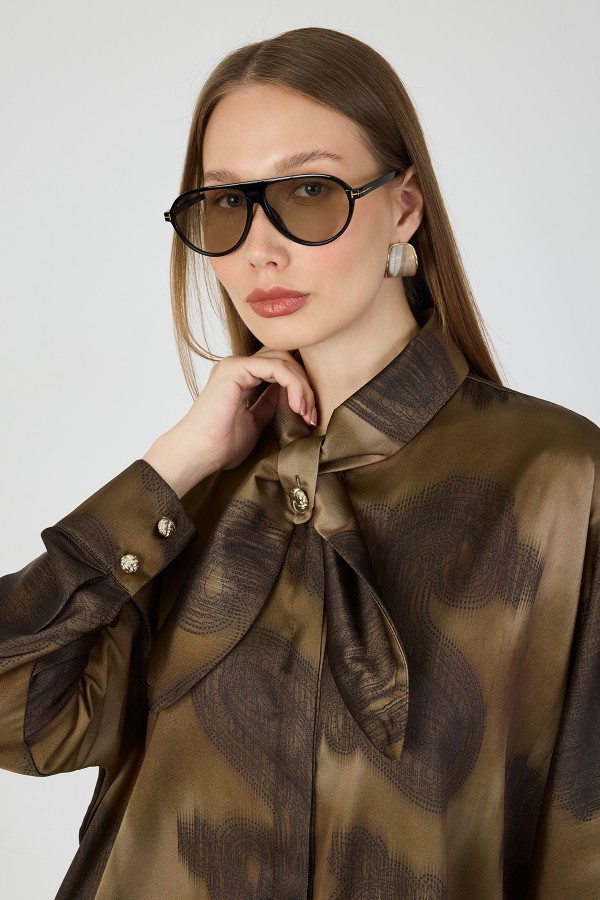 Satin Tunic with Scarf Collar Detail - Brown