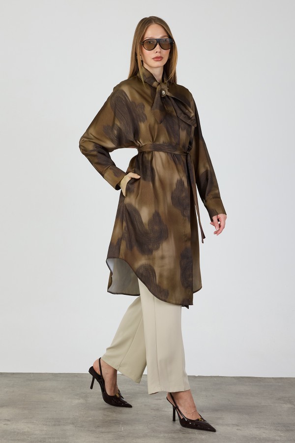 Satin Tunic with Scarf Collar Detail - Brown