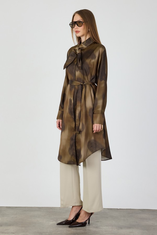 Satin Tunic with Scarf Collar Detail - Brown