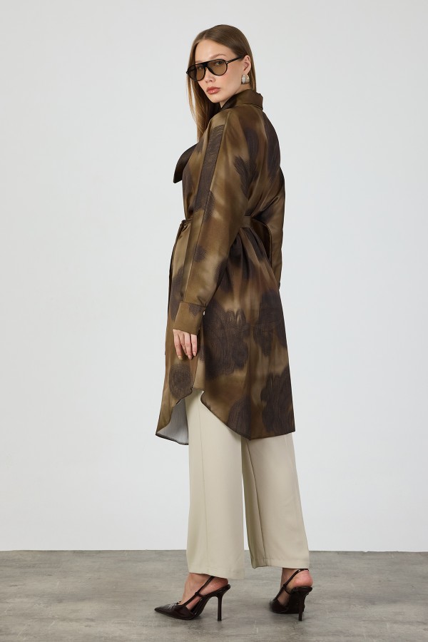 Satin Tunic with Scarf Collar Detail - Brown