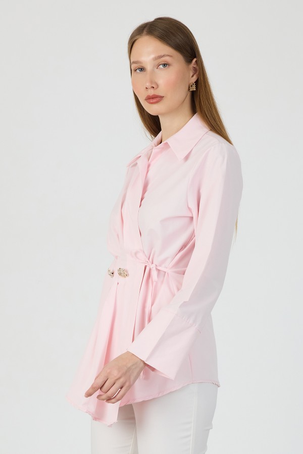 Bağlamalı Terikoton Gömlek - Pembe