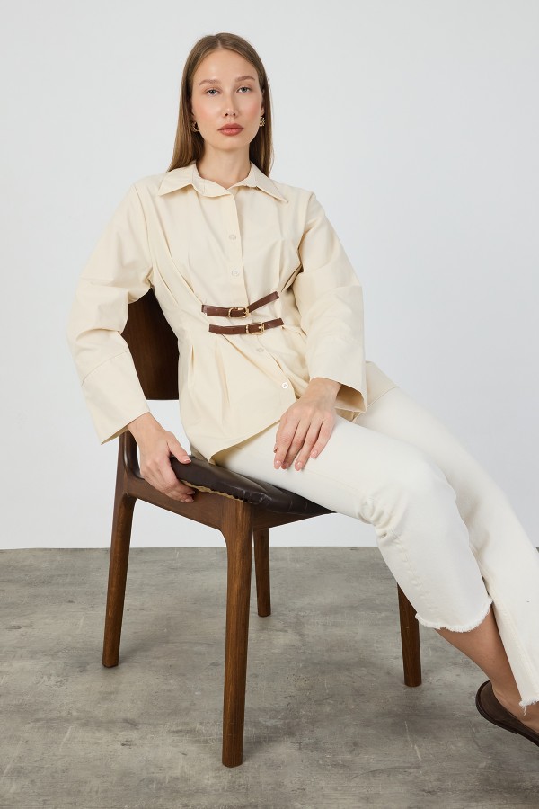 Terrycotton Shirt with Belt Detail - Beige